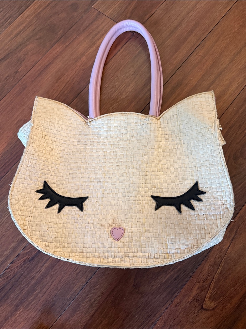 Betsey Johnson Straw Cream Cat Face Tote with Pink Handles